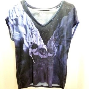 Rock & Republic Women Star Wars Top Blue Size Small T-Shirt Graphic Tie Fighter
